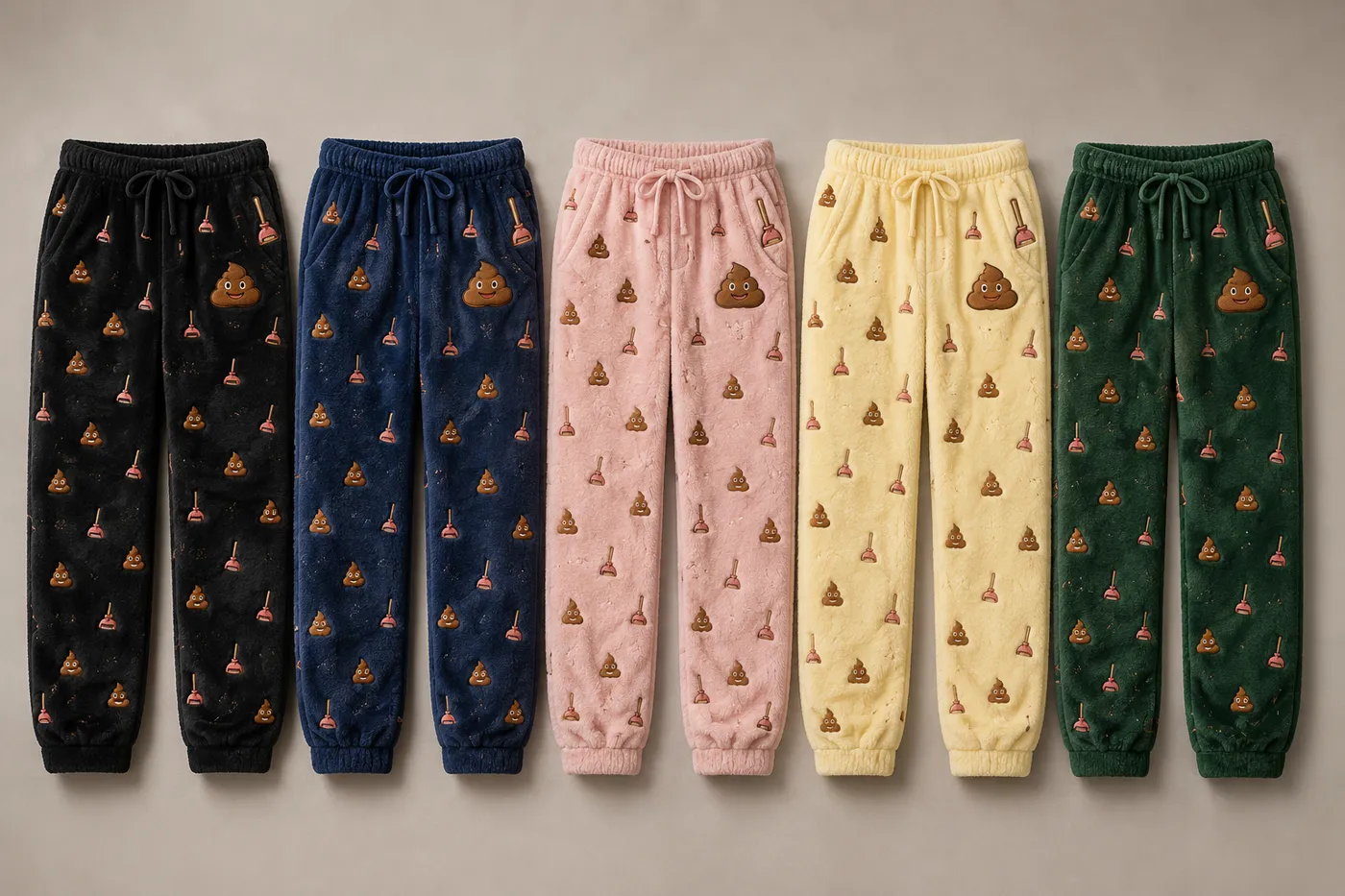 Concept render of Dookie Clicker lounge bottoms in black, navy, pink, yellow and sewer green