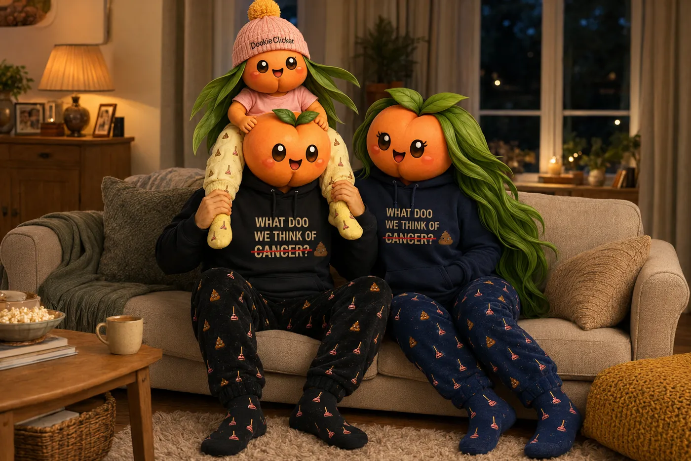 Concept lifestyle render of a family wearing Dookie Clicker hoodies, joggers and socks on a sofa