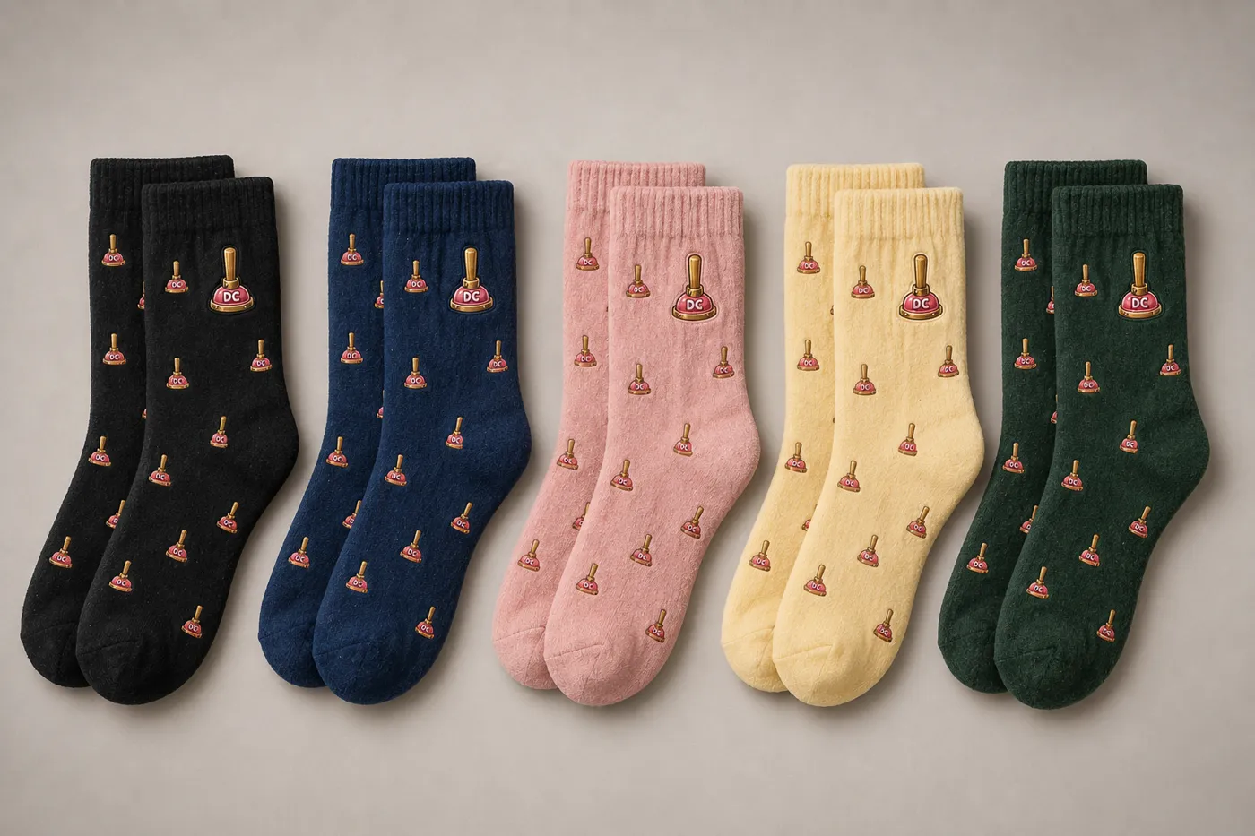 Concept render of DC plunger socks in black, navy, pink, yellow and sewer green