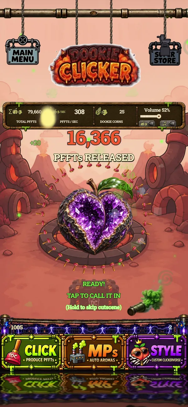 Dookie Clicker screenshot: Amethyst heart peach in Volcano Lair
