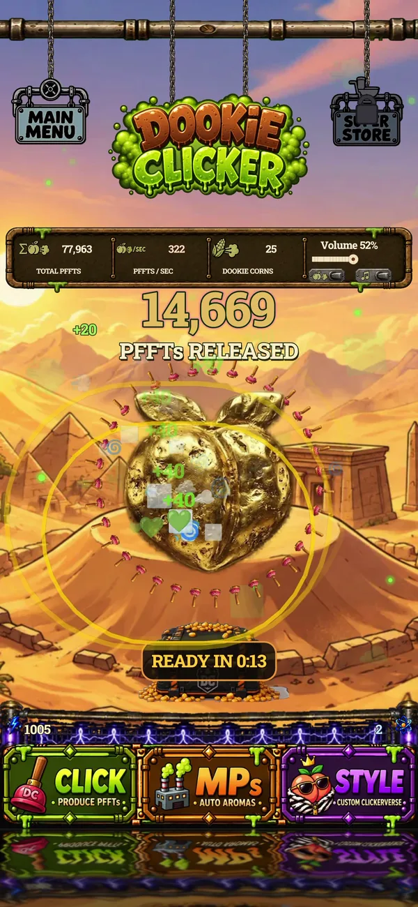 Dookie Clicker screenshot: Golden peach in Pharaoh's Flush