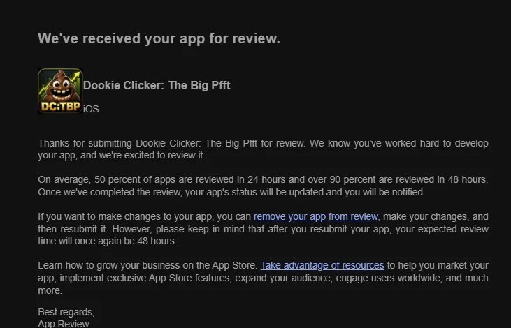 Apple App Review confirming Dookie Clicker: The Big Pfft was received for review